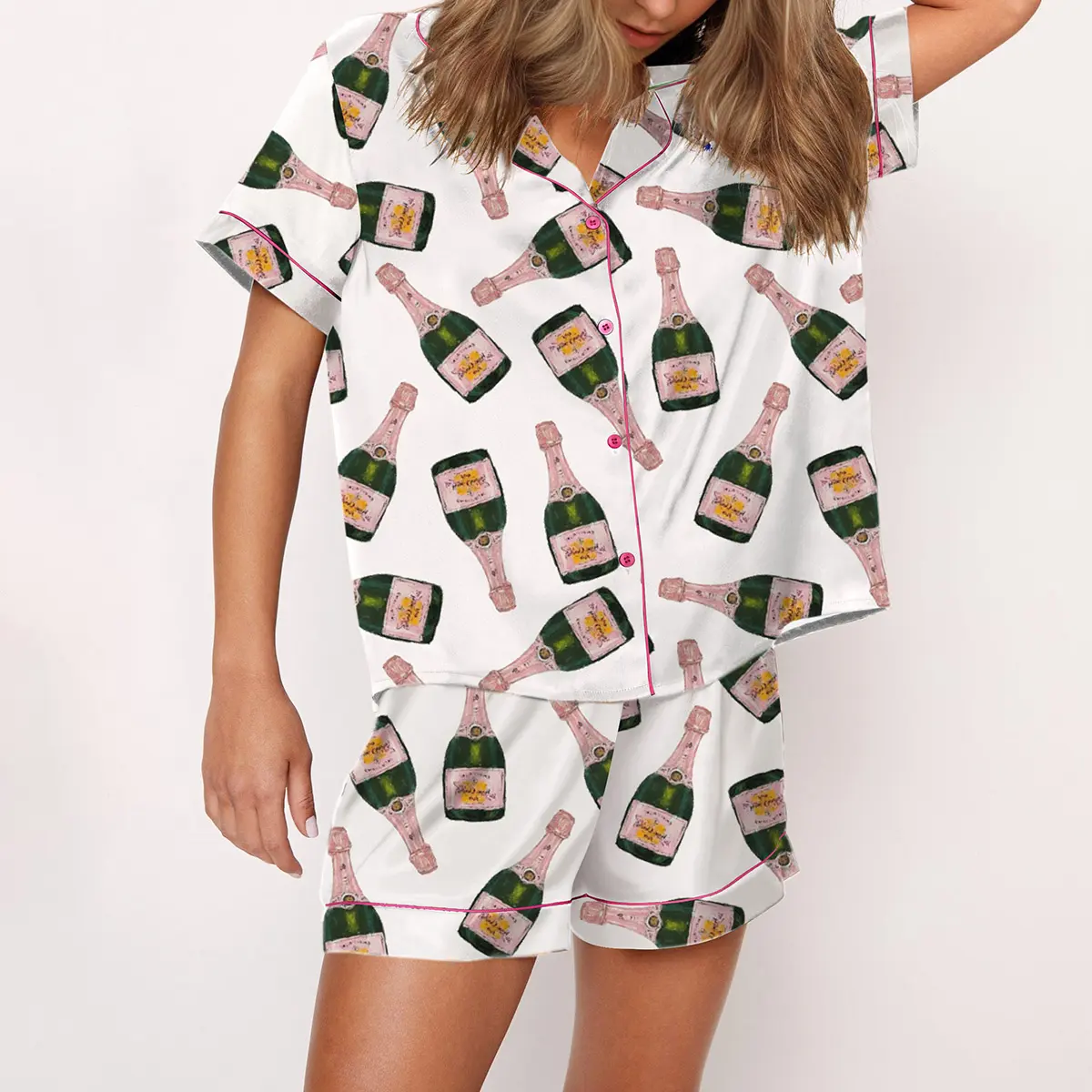 Champagne Bottle Pajama Set For Women Print Comfy Satin Sleepwear & Loungewear Pjs Printing Silky Top & Bottoms - SHESHOW