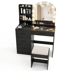 COSTWAY - Makeup Vanity Desk Dressing Table and Stool Set with Mirror and Lights-Black