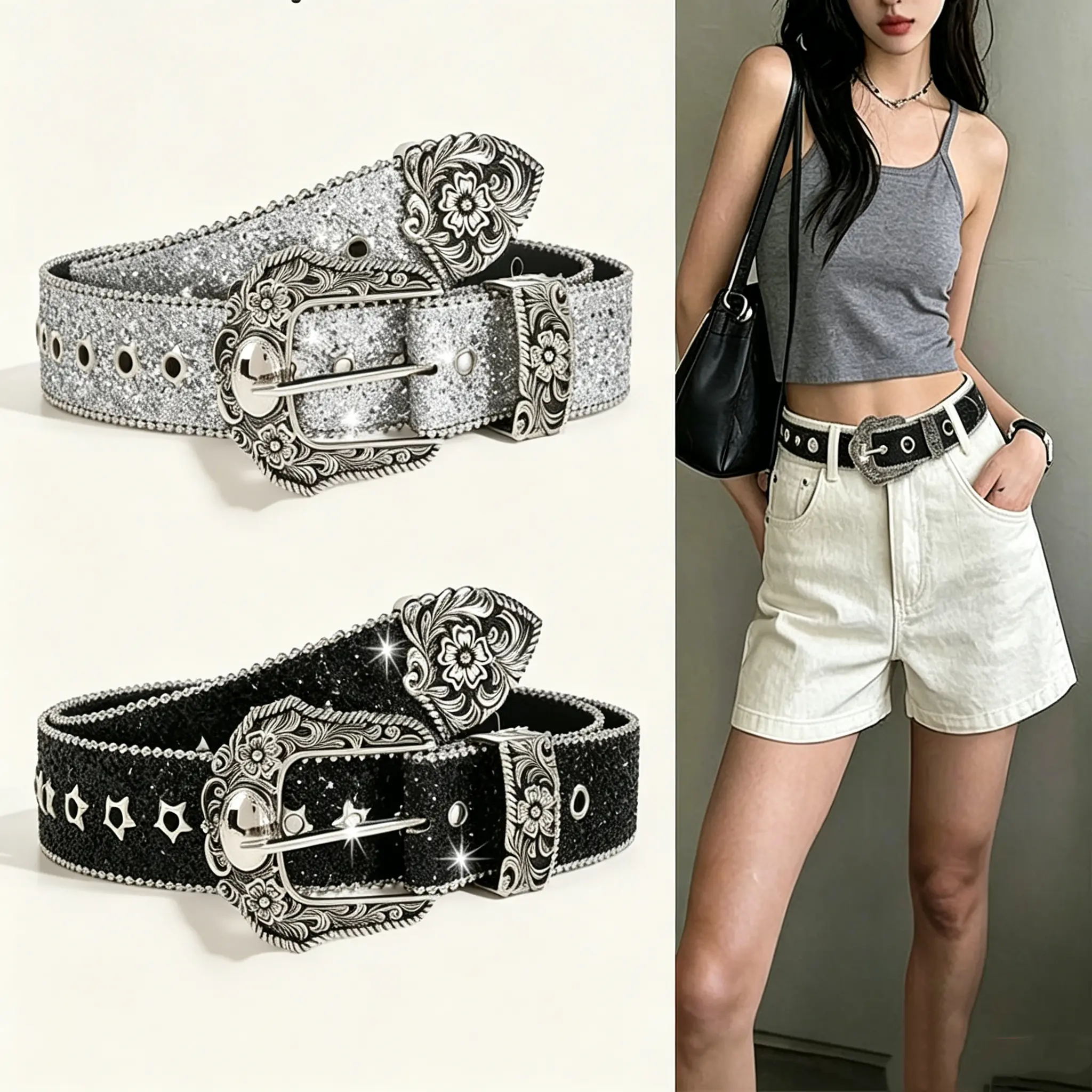 New Punk Belt Rhinestone Decorated Pu Buckle Belt, Wide Waistband for Party, Designer Belts, Country Rivet Full Rhinestone Men & Women Accessories for Daily Clothing Decor, Belts for Women Men fashion casual dress belt Casual Punk Waist Belt for Jeans
