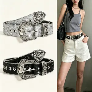 New Punk Belt Rhinestone Decorated Pu Buckle Belt, Wide Waistband for Party, Designer Belts, Country Rivet Full Rhinestone Men & Women Accessories for Daily Clothing Decor, Belts for Women Men fashion casual dress belt Casual Punk Waist Belt for Jeans