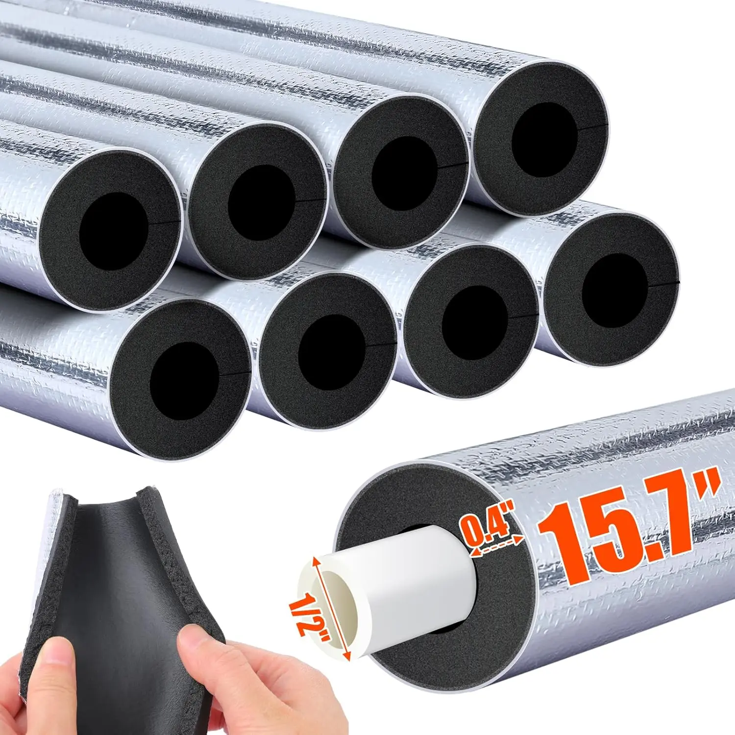 10.5 Feet Pipe Insulation Foam Tube Suitable for 1/ 2inch Pipes - Pre-cut Aluminum Foil Pipe Wrap, Suitable for Outdoor Winter Cold Hot Water Pipe Anti-freeze Insulation, Reduce Heat Loss Anti-freeze Agent 15.7inch *8 Pieces