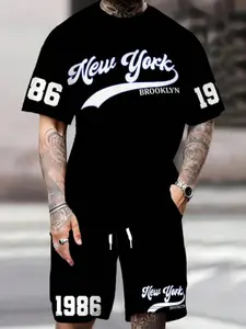 Men's Summer Set Outfit, Short Sleeve Round Neck T-Shirt & Shorts, Casual Fitted All over Print, Above the Knee, Sporty Style, 2 Pieces