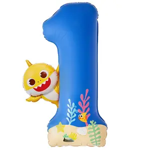 PartyWoo Baby Shark Blue Foil Number 1 Balloon 40 Inch Blue Mylar Helium Birthday Number Balloons for Boys and Girls Baby Shark Under the Sea Ocean Theme Kids First Birthday Party Decorations