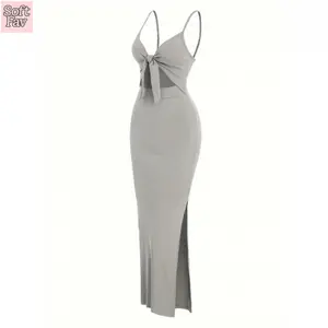 Soft Fav Women's Plain Denim-Effect Print Cut Out Knot Front Spaghetti Strap Cami Dress Sexy Backless Ribbed Bodycon Long Dress for Summer Party Club Dating Graduation - Fit, Casual
