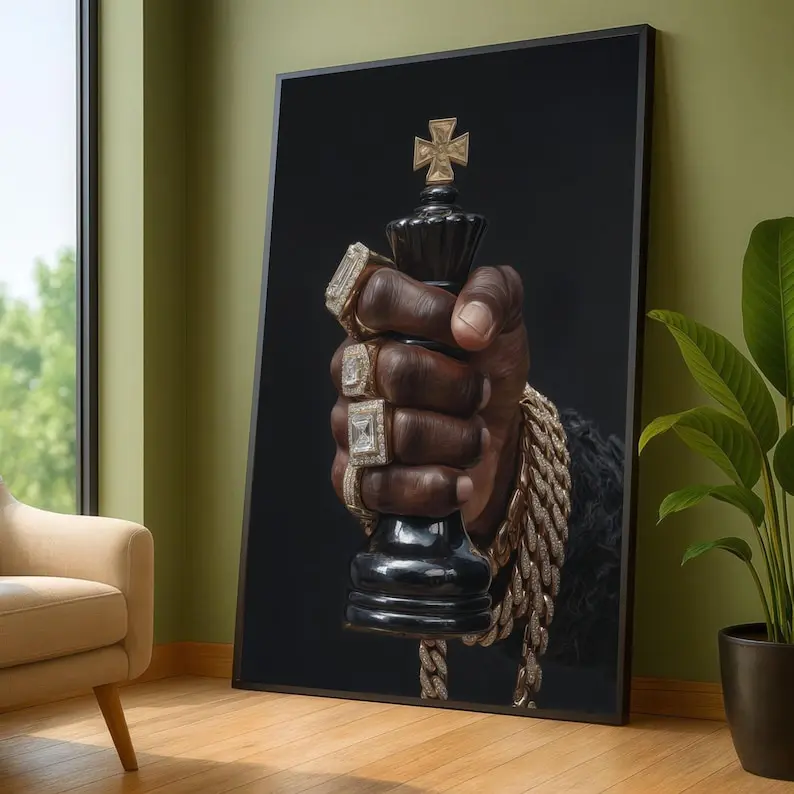Royal Power Hand Holding King Chess Piece Poster, Luxury Jewelry Wall Art, Statement Decor for Home Office