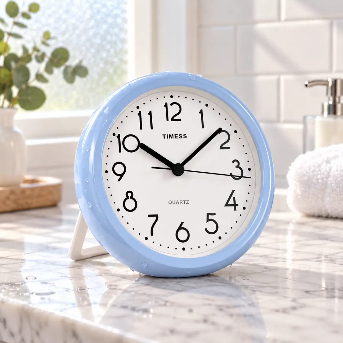 6.5" Waterproof Shower Clock for Bathroom, No Suction Cup Hanging Clock for Shower Rod Towel Bar, Silent Non-Ticking Battery Operated Analog Clock with Fold-Out Hook & Stand, Anti-Fog Glass Desk Timer for Bath, Kitchen, Vanity, Laundry Room Decor