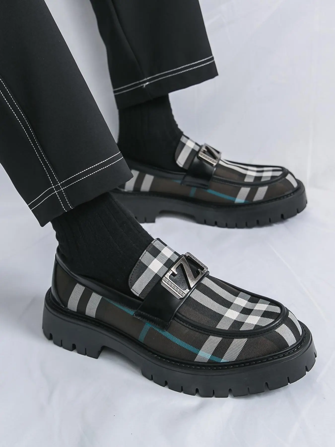 Men's Fashionable Plaid Pattern Slip-on Loafers, Classic Slip On Casual Comfortable Thick Sole Non-slip Loafers, British Style Business Casual Shoes for Daily Wear, Boy, Checkered Shoes, Classical Style Loafers