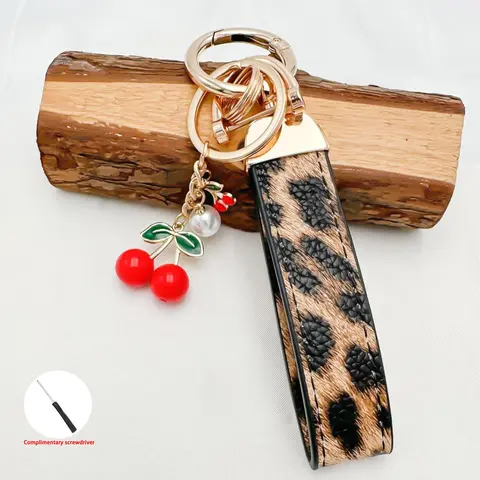 INS Style 2-Piece Set, Keychains, Leopard Print & Embossed Keychains with Cherry/Star Pendants (Including Screwdriver), Stainless Steel Anti-Fading Design, Women's Bag Pendants, Car Keychains, Jewelry Gifts, Keychains for Bags, Keyrings for keys