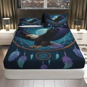 3Pcs Eagle Dreamcatcher Moon Fitted Sheet Three Piece Set (1*Fitted Sheet+2*Pillowcases, Coreless), Holiday theme, Native American Bedding Set, Mattress Protector Soft, Breathable