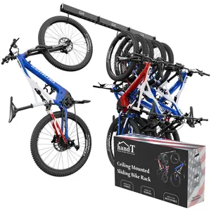 Ceiling Bike Sliding, Mount Up To 6 Bikes, Heavy Duty 450lbs Limit Easy Access Design Durable Rubber Coated Hooks Compact