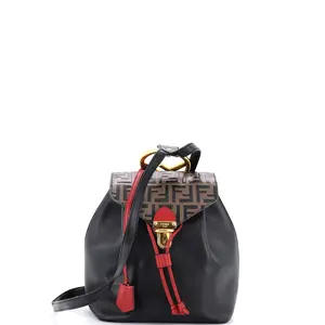 Pre-owned FENDI Leather Backpacks Drawstring Flap Backpack with Zucca Embossed Detail Small by Rebag