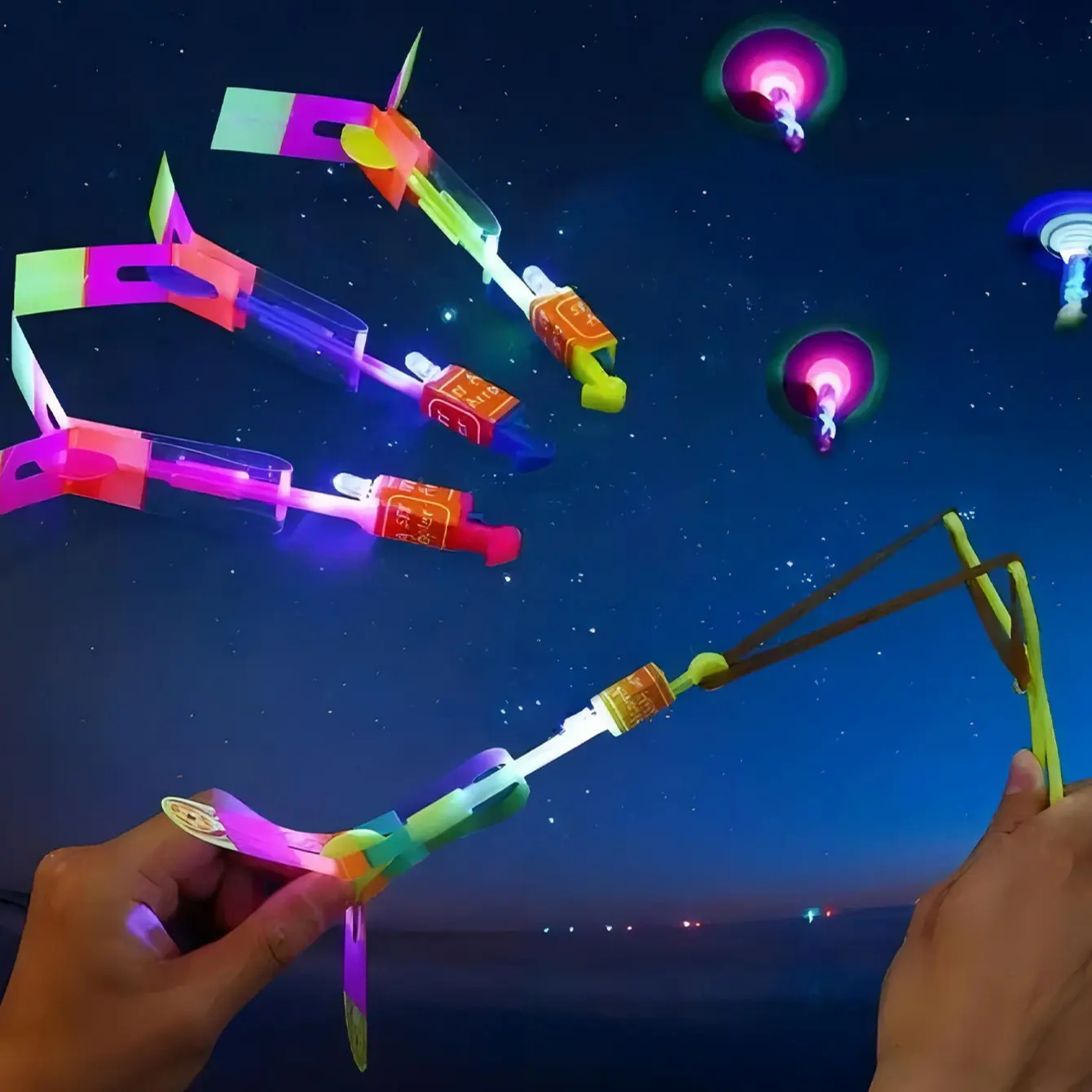 8pcs/4pcs Slingshot Flying Toys with LED Lights, Interactive Family Games, Outdoor Luminous Fun Toys, Birthday Gifts for Family and Friends
