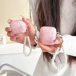 Marble Pattern Earphone Case with Pearl Chain, Fashion Earphone Protective Cover, Earphone Accessories Compatible with AirPods