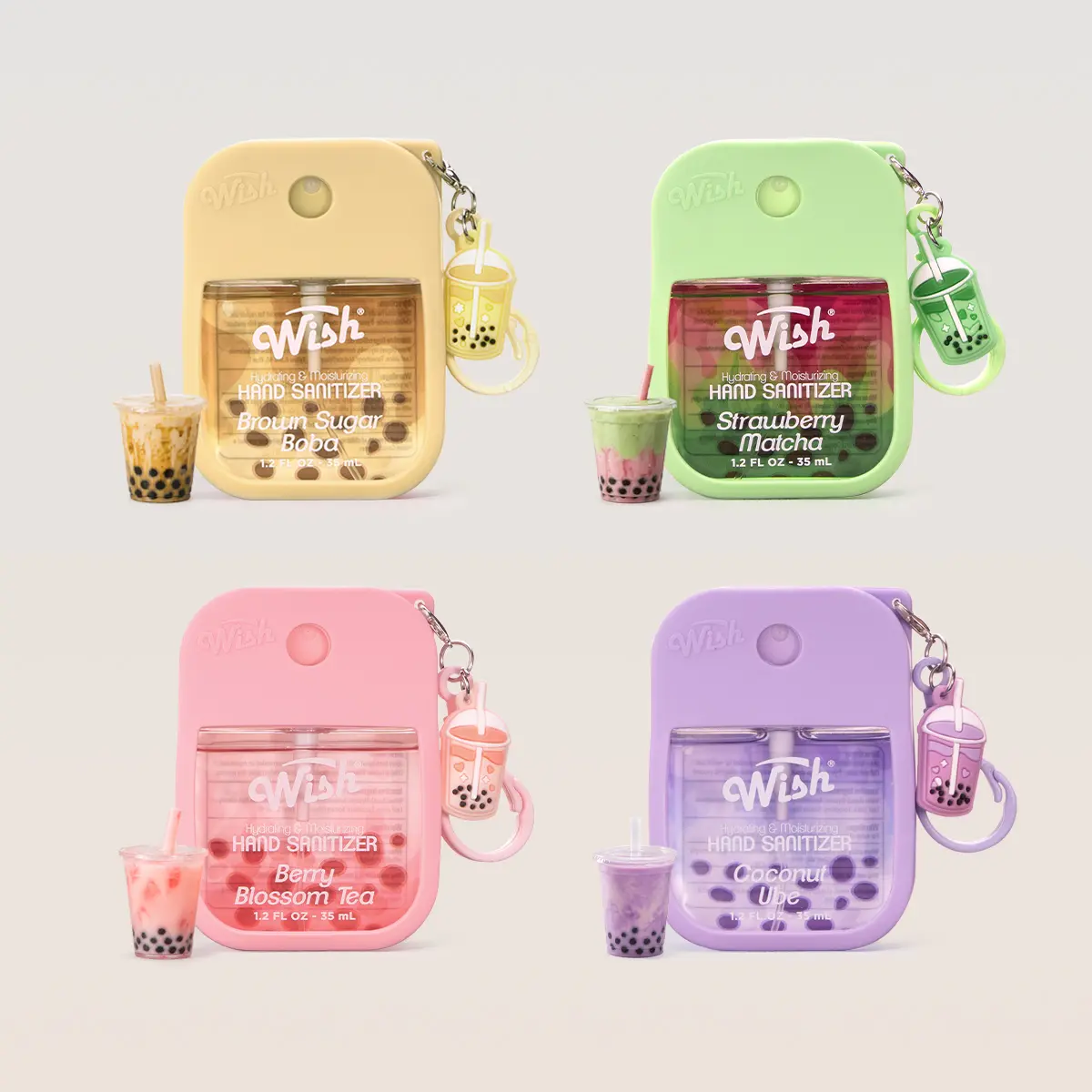 Wish Hand Sanitizer Spray 4-Pack - Hydrating Aloe Moisturizer Beauty Products with Strawberry, Coconut, Berry, Floral Boba Tea Scents, Travel-Size 1.2 fl oz Set with Keychain & Charm, Travel Set, Clip