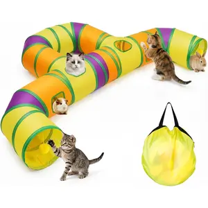 Collapsible Large Cat Tunnel for Indoor Cats, Play Tunnel Tube Maze with Hanging Pom-Poms and Interactive Holes for Kitten Puppy Rabbits Ferret Guinea Pig