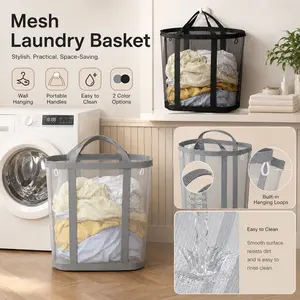 Large Capacity Foldable Laundry Hamper Wall Hanging Mesh Laundry Basket Portable Clothes Storage Bin for Bathroom Bedroom and Laundry Room