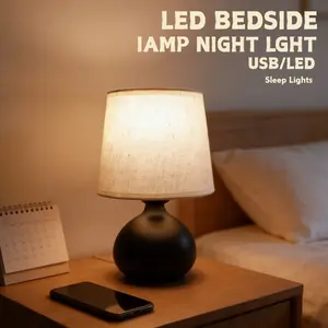 Classic Linen Bedside Lamp Set, USB Powered LED Bulb Included, Ideal for Bedroom Office Desk, Simple Design Metal Enclosure Ml1025