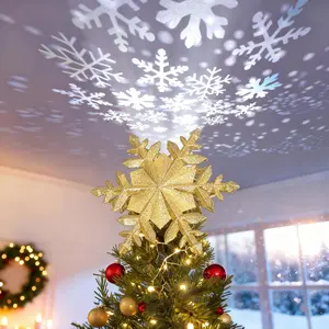 Christmas Tree Topper Lighted with Golden Snowflake Projector, Led Rotating Magic Snowflake, 3D Hollow Glitter Lighted Gold Snow Tree Topper for Christmas Tree Decorations