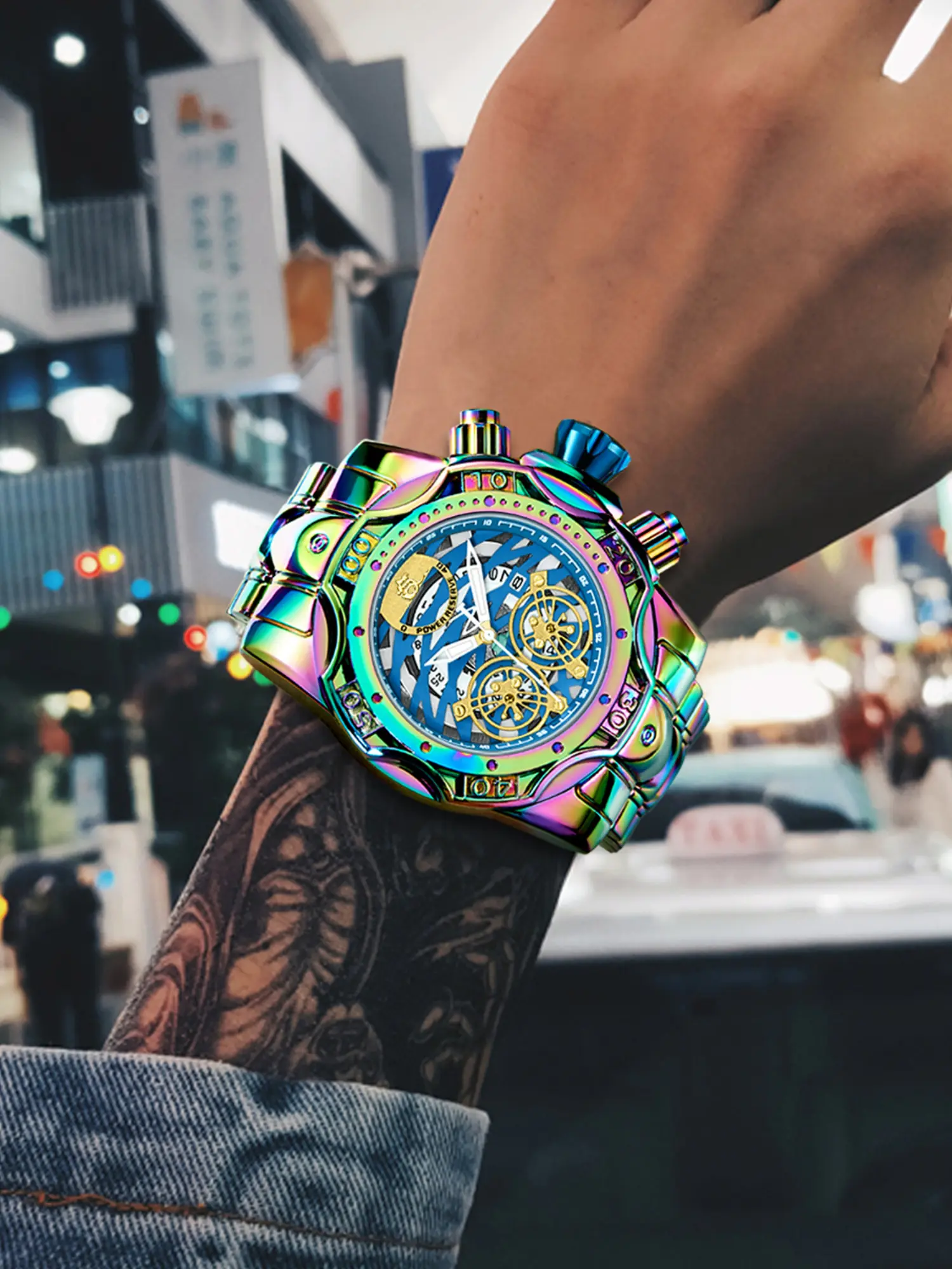 Neon Color Future City Style Large Men's Watch, Stainless Steel, Cool Flywheel Design, Gift Box Included, Perfect Men's Gift Watch