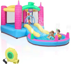 Bounce Inflatable House with 350W Air Blower, Jumping Children Outdoor Castle for Backyard, Park, Kindergarten, Bouncy Water Slide W/Pool, Carrying Bag - Capacity: 3 Kids