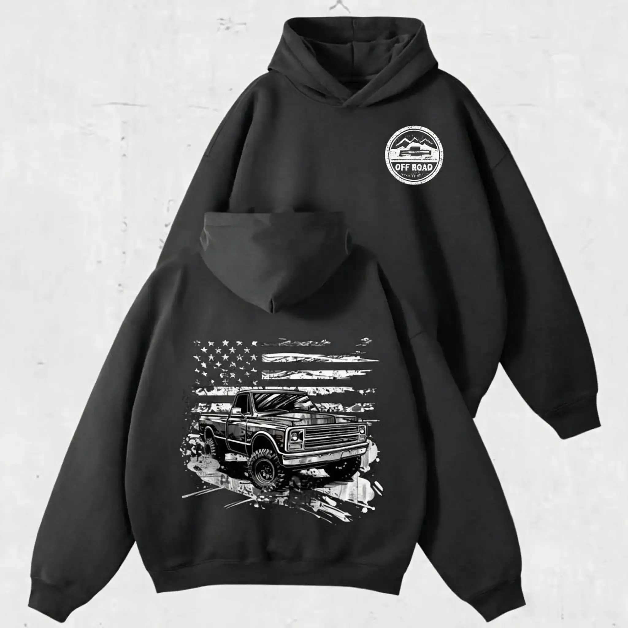 Men's Unisex American Flag Square Body Ch Truck Hoodie - Vintage Pickup Prints, Soft Breathable Fabric, Patriotic Automotive Enthusiast Overall Comfortable Pullover Casual Daily Wear