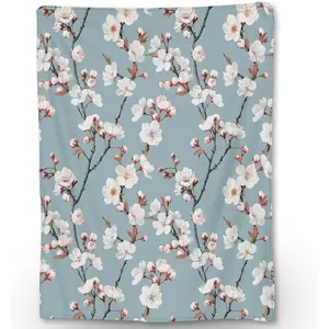 Cherry Blossom Blanket |     Soft Warm Fuzzy Lightweight White Floral Flannel Throw Blanket Perfect for Couch, Bed, Travel & Outdoor Use, Cozy Blankets for Adults Kids Women Girls Slim Soft One-Side PrintingSlim Soft One-Side Printing