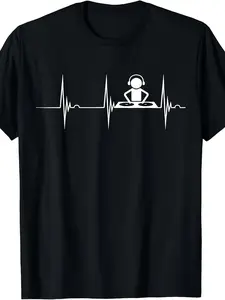 Men's Retro DJ Music Producer T-Shirt with ECG Heartbeat & DJ Mixing Console Graphic - Comfortable Casual Short Sleeve Tee for DJ Gear, Sound, Casual Attire - Ideal for Clubs, Studios, Parties