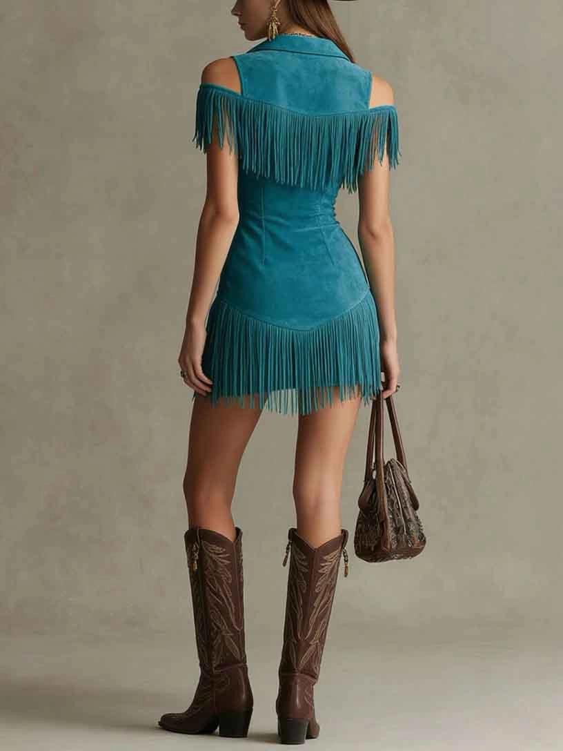 Women's Casual Retro Suede Off-Shoulder Dress with Tassel Details