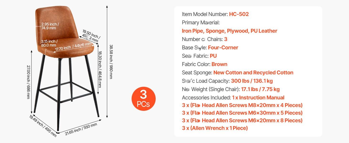 27 Inch Bar Stool Set Of 3, Modern Counter Height Swivel Kitchen Chairs, 360-Degree Rotation, Ergonomic Seat, Heavy Duty Steel Frame, Foam Padded Seat, Easy Assembly, Ideal For Home Bar, Kitchen Island, Breakfast Bar