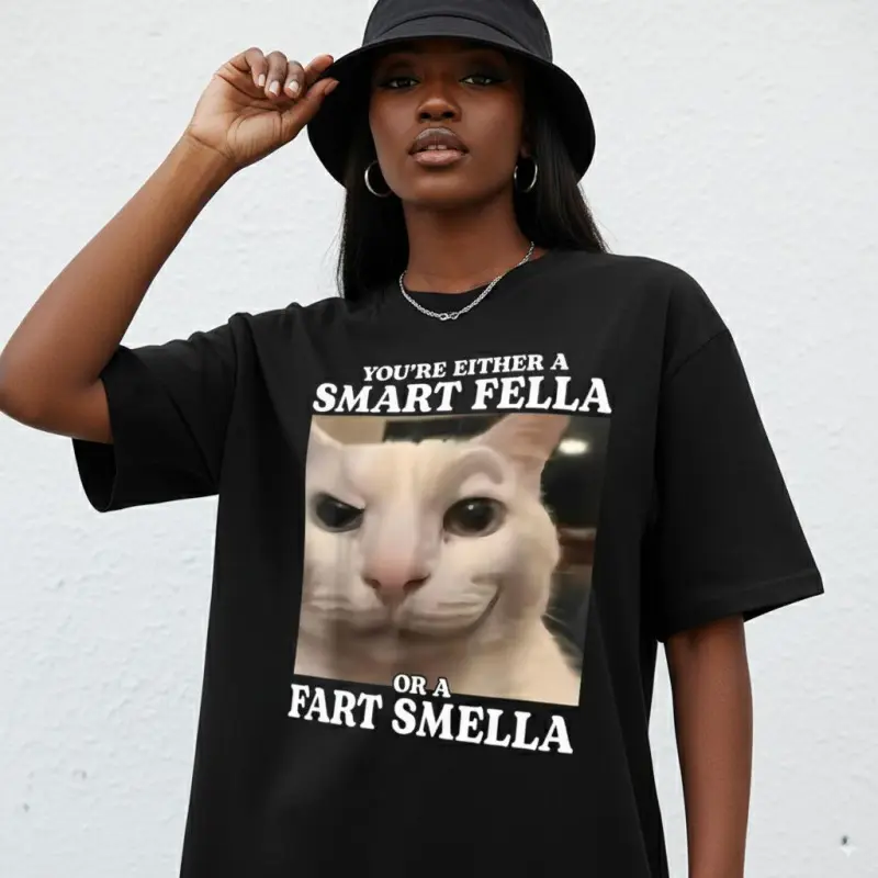 Women's Fitted Round Neck Short-Sleeve 100% Cotton Tshirt Top - Funny Cat Meme Graphic, "You're Either Smart or Stinky" White Text on Black, Machine Washable, All-Seasons Casual Wear, S-XXXL, as Photos, Funny Graphic Tee, Funny Tee