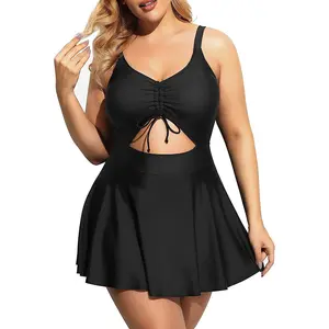 Yonique Women's Plus Size One Piece Swimsuits with Skirt, V-Neck Swimdress with Built-in Bottom, Vintage Cutout Bathing Suit for Plus Size Women, Ideal Holiday Gift for Mom, Wife, Girlfriend