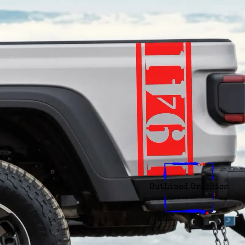 1941 Heritage Bedside Stripe Decals for Jeep Gladiator JT Wrangler | Retro Military Style Rear Bed Vinyl Graphics | Matte Black Off-Road Exterior Accessories | High-Performance Weatherproof Vinyl Trim Kit | Easy DIY Install Gift for him