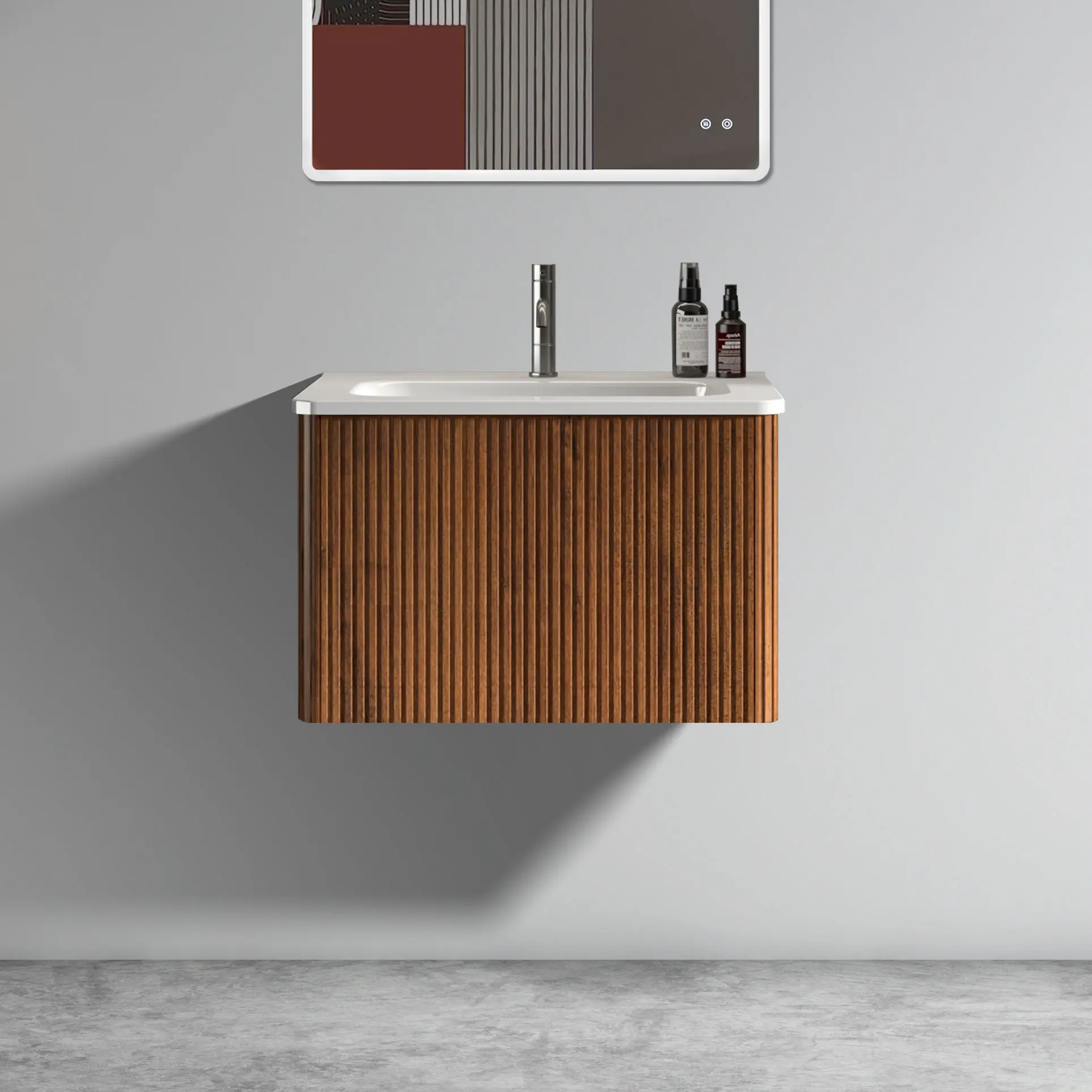 24" Striped Walnut Bathroom Vanity with White Ceramic Sink, Wall Mounted Floating Bathroom Vanity for Modern Bathroom, Pre-assembled