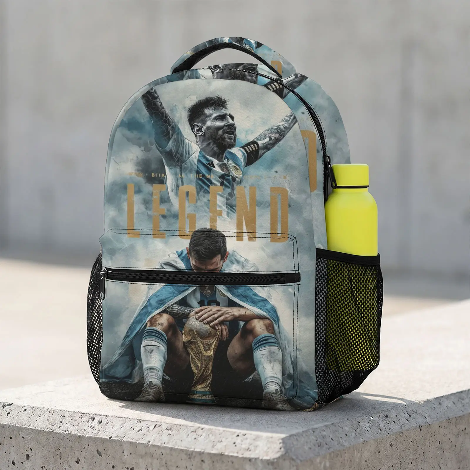 Messi Cute Cartoon Backpack 17-Inch | Kawaii Print School Bookbag | Large Travel Daypack with Water Bottle Holder for Teens Kids