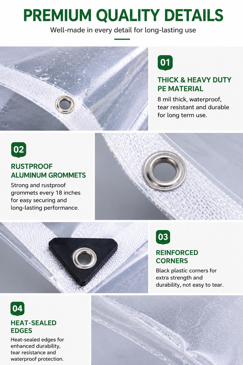 Transparent Tarp Waterproof Outdoor - Clear Poly Cover with Reinforced Edges & Metal Grommets, UV & Mildew Resistant, Tear Proof, for Greenhouse, Pergola, Patio, Garden, Camping Shelter Weather-Resistant Canopy Cloth dustproof protection