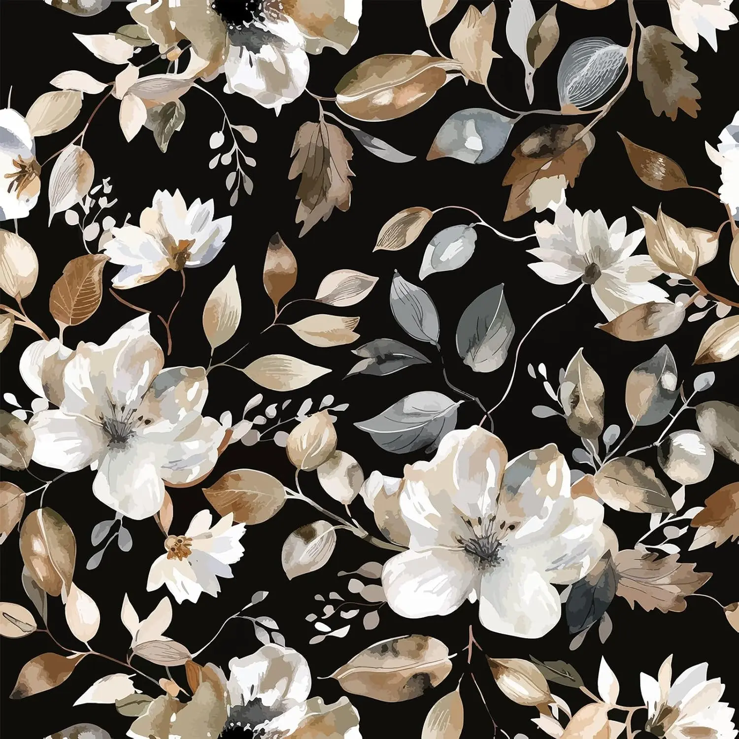 Renter-Friendly Dark Black Floral Synthetic Indoor Removable Peel-and-Stick Wallpaper, Modern Botanical Self-Adhesive Vinyl Contact Paper, Conceals Walls Imperfections, 17.7x70.8" Roll for Farmhouse Bathroom, Living Room