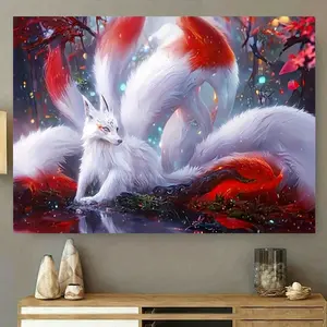 Nine Tail Fox Tapestry Mythical Fox Backdrop Fantasy Creature Theme Wall Hanging Photography Background Artistic Decor for Living Room Bedroom Indoor Outdoor Home Decoration