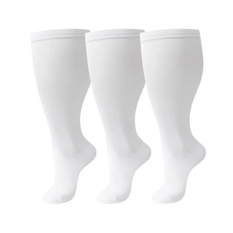 Women's Minimalist Plus Size 3XL Basic Compression Socks (3-Pairs White Set, 2XL Wide Calf) - Solid Nylon, Breathable, Moisture-Wicking, Soft, Foldable, Leg Support for Nurses, Outdoor Outfits