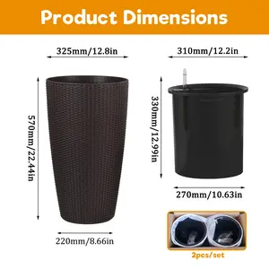 Set of 2 Faux Rattan Tall Planters Outdoor Indoor Large Planters with Water Level Monitor Inner Bucket, Automatic Watering, Flower Plant Pots for Garden, Patio, Porch, Backyard (Brown, 22 inch )