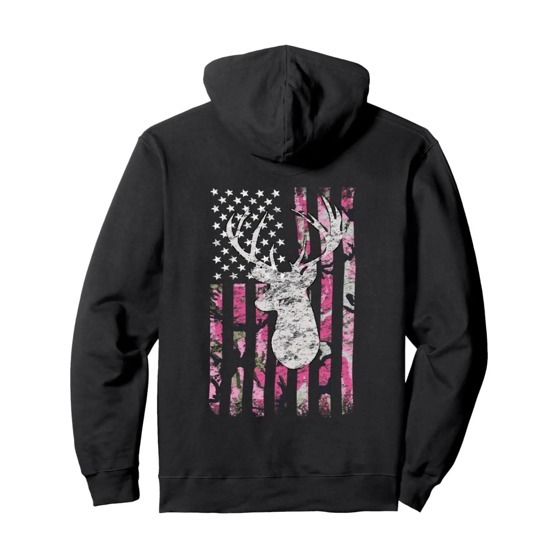 Men's Casual Fitted Pullover Hoodie, Distressed Pink Camo Sweatshirt with Cartoon Deer Skull Back Print, Soft Breathable Fabric