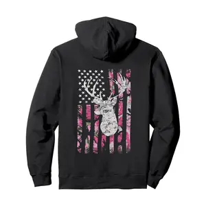 Men's Deer Hunting Pink Camouflage Distressed Long Sleeve Hoodie Pullover Top, Fitted Fabric, Back Print, Warm Breathable, Suitable for Casual & Outdoor Activities, Men's Sweatshirt, Tops