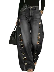 Deals for You Days New High-Waist Button Women’s Denim Pants — Loose Cotton Jeans with Geometric Cutout Pockets and Patchwork Design