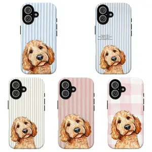 FL-Blue Striped Cute Goldendoodle Phone Case, Pink & White Stripe/Gingham Goldendoodle Aesthetic Cover For iPhone 11 12 13 14 15 16 17 Air Pro Max for Samsung S26 S25 S24 S23 S22 S21 Case,Gift for Dog Lovers