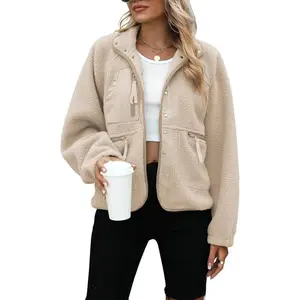 Womens Fleece Jacket Fuzzy Long Sleeve Short Coats Button Down Sherpa Outerwear with Pockets Can be used with raincoat