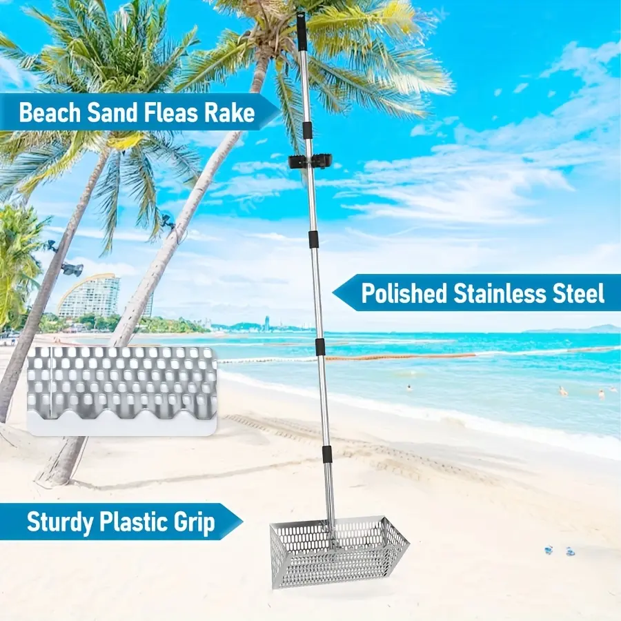 Detachable, multi-functional sand crab rake (featuring a 178cm long handle and sharp tines); please wipe dry and maintain after use in seaside or salt-spray environments. Suitable for carrying on outdoor trips.