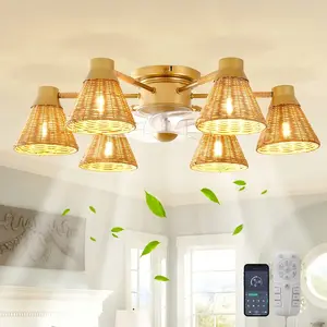 Garwarm 25.59 Inch Boho Rattan Farmhouse Ceiling Fan With Light Kit And Remote, Modern Boho Pendant Lighting Fixture for Living Room, Bedroom,Entryway (bulbs not included)