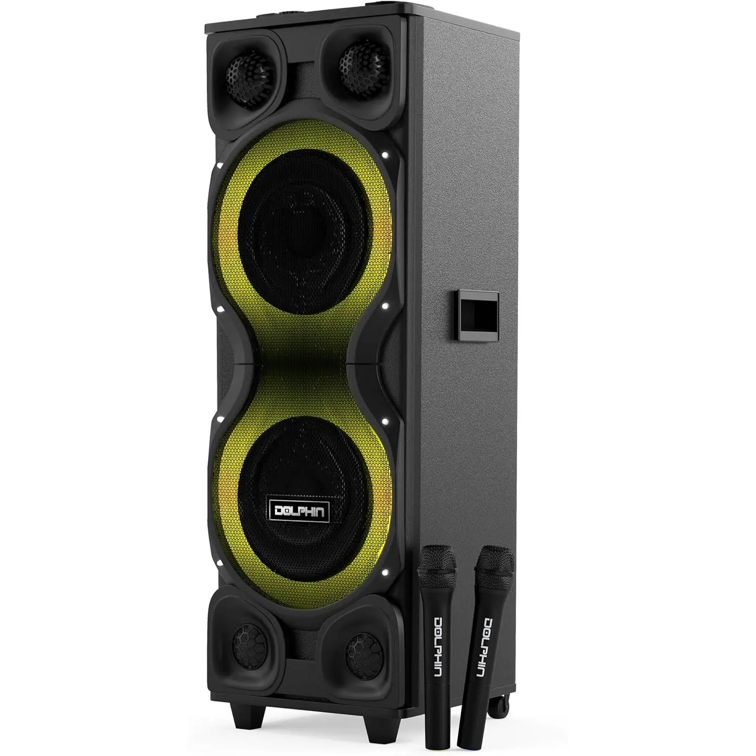 PARTY SPEAKER Dual 12" X-Bass Wooden Cabinet Audio Device with Bluetooth, LED Lights, Wireless Microphones, Wheels, Rechargeable Battery and Portable Handle
