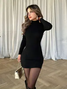 Jemour Solid Color Turtleneck Slim Fit Black Ribbed Dress