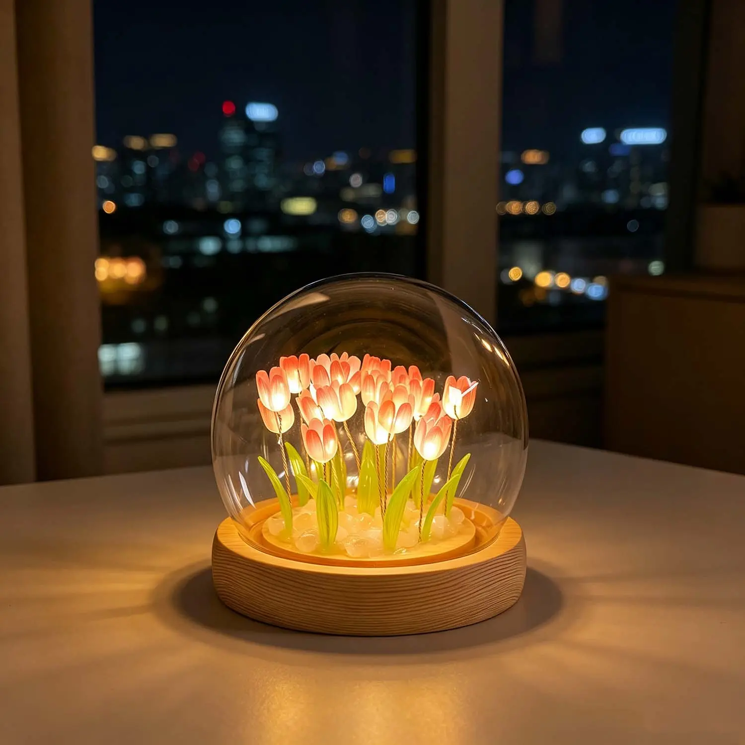 Pink Tulip Glass Dome Night Light - 10x10cm Pre-Assembled Cordless Desk Lamp with Wood Accent, Gift Bag Included, Romantic Bedside Decor, Birthday Gift for Her Mom Girlfriend, Desk Lamps