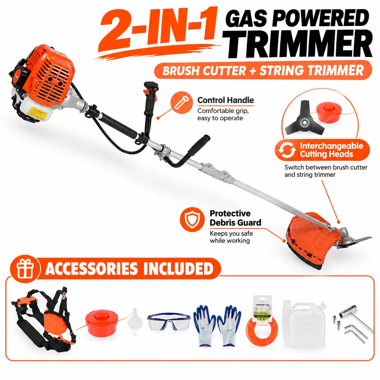 52cc Gas String Trimmer - 2-Stroke Metal&Plastic Weed Wacker & Brush Cutter, 2-in-1 Multi-Purpose Garden Tool with Hedge Trimmer Attachment, Handle & Shoulder Strap